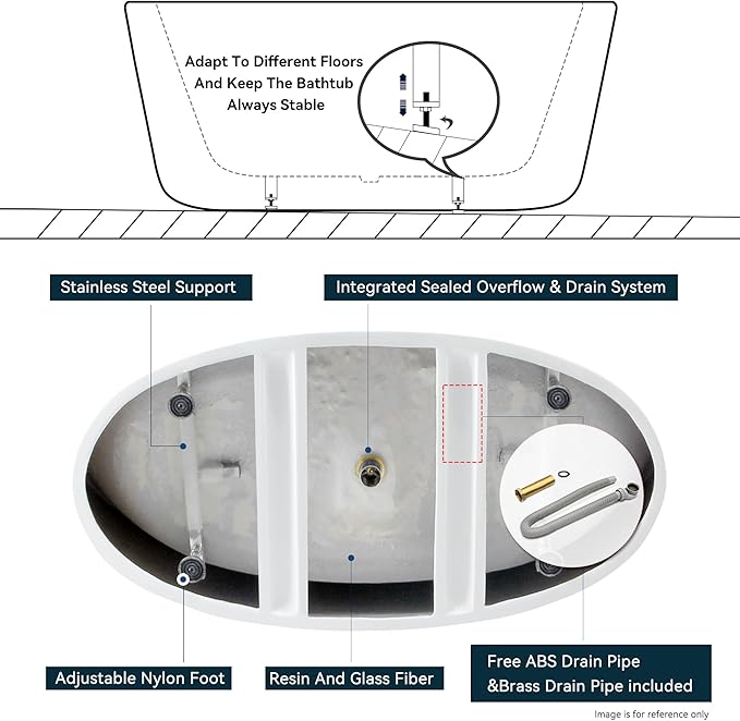 FerdY Tahiti 55" Acrylic Freestanding Bathtub, Elegant Oval Shape Soaking Bathtub, Glossy White, Brushed Nickel Drain & Integrated Slotted Overflow Assembly Included cUPC Certified