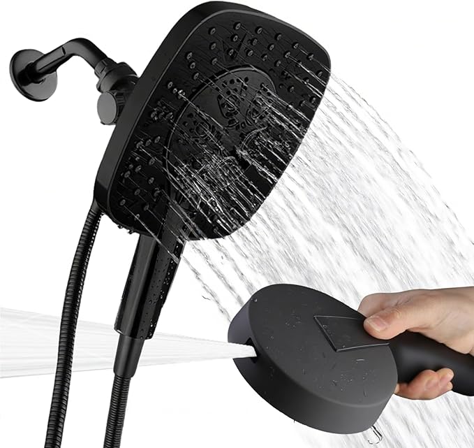 Black Shower Head with Handheld Spray Combo 2 in 1 Rainfall High Pressure with 59" Rotatable Stainless Steel Hose 9 Spray Modes Detachable