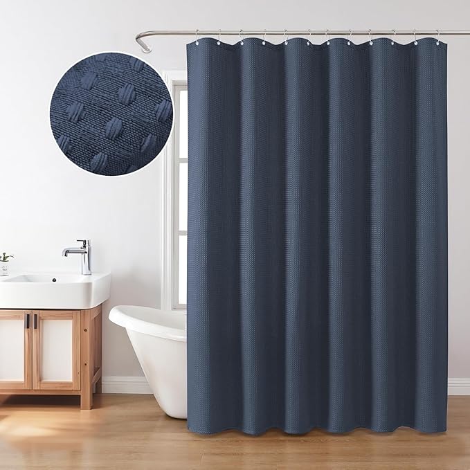 Inhousolu Fabric Shower Curtain Waffle Weave, Navy Blue 230 GSM Heavy Duty, Weighted Hem, 14 Metal Hooks, Water Repellent, Machine Washable, Hotel Spa Luxury Bath Curtain Set, 72 x 96 Inch
