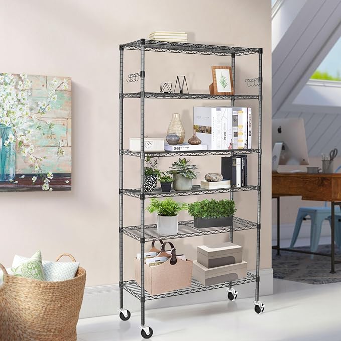 6 Tier Storage Shelves with Wheels, 2100lbs Capacity Heavy Duty Shelving Units, 14x36x75inch Adjustable Metal Shelf Wire Shelving Rack for Garage, Kitchen, Office, Black