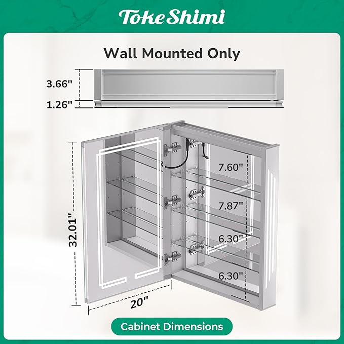 TokeShimi 20x32 Lighted Medicine Cabinet Mirrored, Anti-Fog Tempered Bathroom LED Mirror with Storage 3 Color Stepless Dimming, CRI 80+, Memory Funtion, Surface Mount Medicine Cabinet with Light