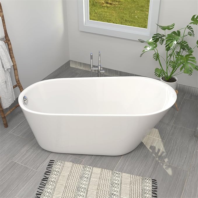 65" Acrylic Freestanding Bathtub, Single Slipper Free Standing Tub, Soaking Tub with Integrated Slotted Overflow, Toe-Tap Chrome Drain, cUPC Certified, Glossy White