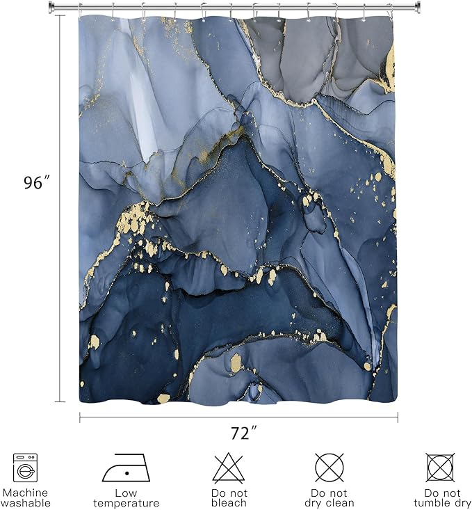 Extra Long Shower Curtain 72 x 96 Inch, Navy Blue Floor to Ceiling X-Long Abstract Marble Shower Curtains for Bathroom, Modern Luxury Art Ink Fabric Shower Curtain Set with Hooks
