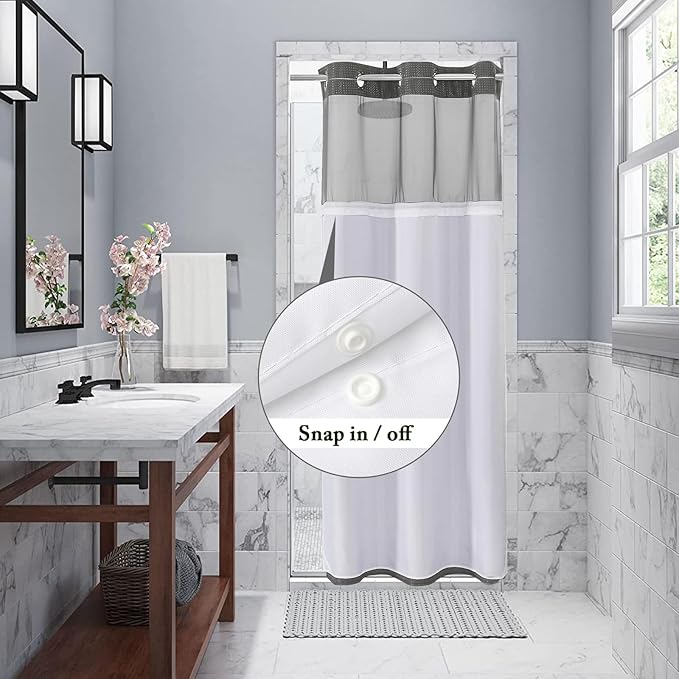 Gibelle Stall Small Shower Curtain 36x74, Waffle Weave Shower Curtain with Snap-in Fabric Liner Set, No Hooks Needed, Hotel Style with Mesh Top Window, Charcoal Grey