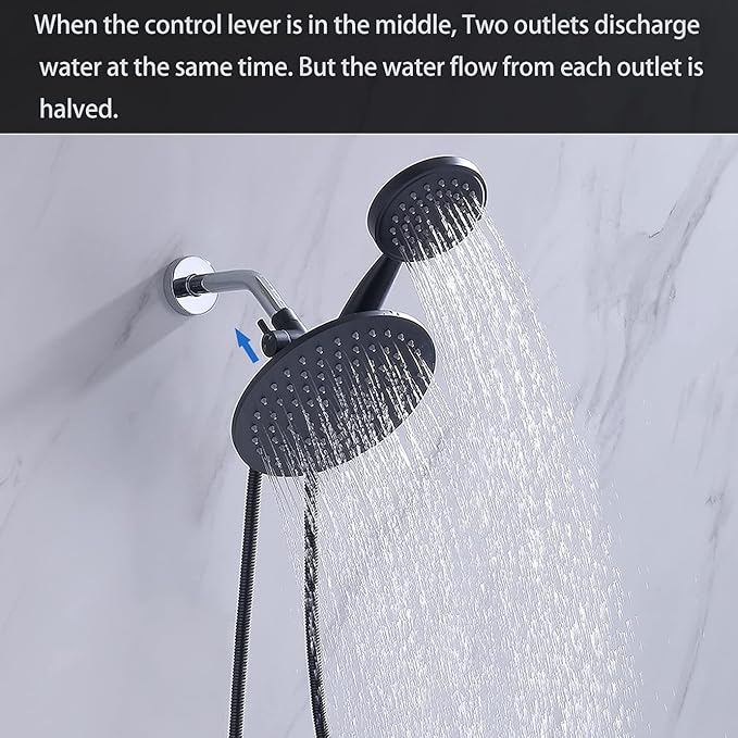 G-Promise Solid Metal Shower Arm Diverter with Holder for Hand Held Showerhead and Fixed Spray Head, G 1/2 3-Way Bathroom Universal Diverter System Replacement Part (Matte Black)