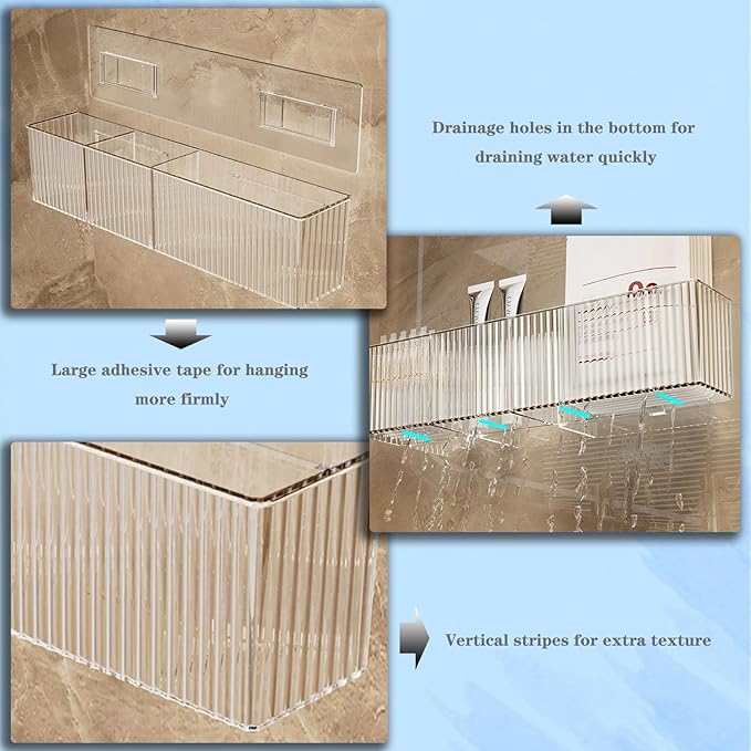 2 Pack Bathroom Makeup Organizer Wall Mount Clear Bathroom Organizers and Storage with 3 Compartments Plastic Storage Organizer Bins Floating Shelves for Wall, Narrow Space, Office, Bedroom 14''Length
