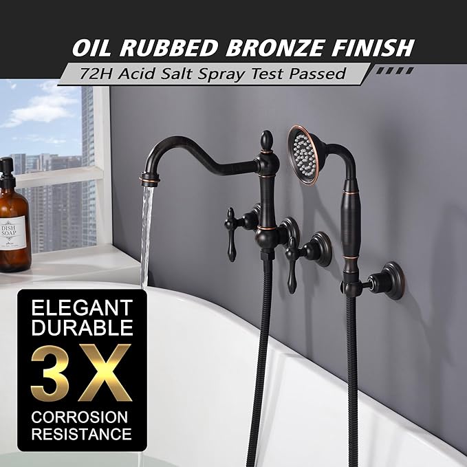 SUMERAIN Oil Rubbed Bronze Wall Mount Bathtub Faucet with Hand Held Shower, Classic High Flow Tub Filler, Rough-in Valve Included