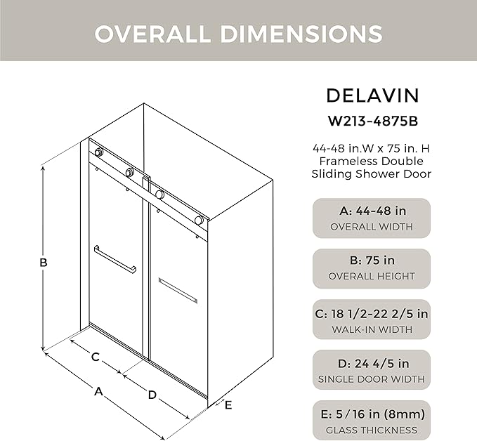 DELAVIN 44"-48"W x 75"H Frameless Shower Door, Double Sliding Shower Door, 5/16"(8mm) Clear Tempered Glass, Noiseless Shatterproof Shower Doors with Square Rail, Stainless Steel, Aluminum, Matte Black