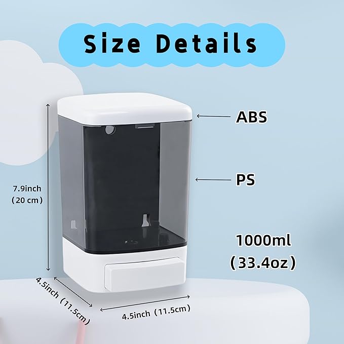 Manual Soap Dispenser Kitchen Bathroom Wall Mounted Hand Dispensers Commercial for Liquid Containers Shampoo Gel Chamber Plastic - (33.8 oz) 1000ml