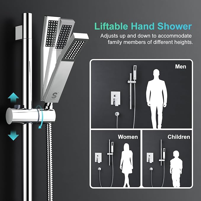 SR SUN RISE 10 Inch Square Shower Faucet, Adjustable 16-Inch Slide Bar Hand Held Shower with Hose, Square Rain Shower Head and Handheld Spray Included Valve and Shower Trim Kit, Polished Chrome