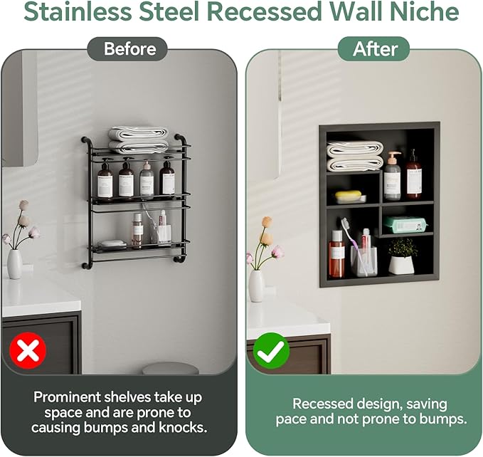 Stainless Steel Recessed Medicine Cabinet 14 * 18, Rust-proof Metal Wall Niche, In Wall Shower Niche Shelf Insert Replacement, Recessed Medicine Cabinets for Drywall, with 4 Compartments, Black