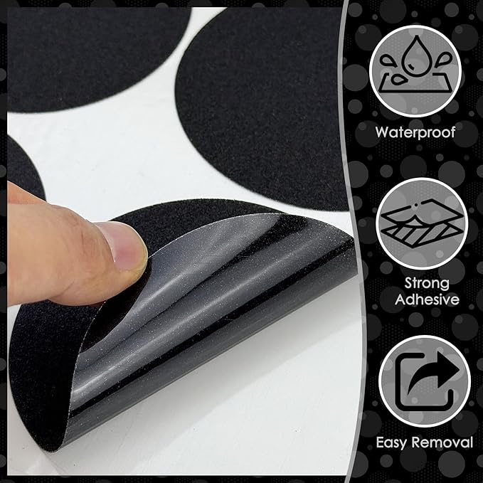 S&X 24 Pcs Anti Slip Shower Stickers (Large 4" Round), Modern Black Non Slip Bathtub Stickers, High Traction Grit Safety Dots for Tub Floor, Waterproof with Scraper