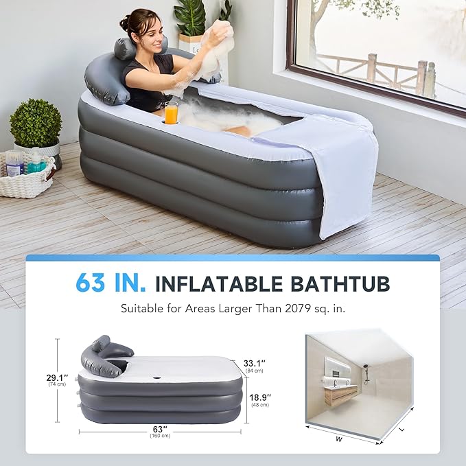 CO-Z Inflatable Bathtub With Electric Air Pump, Portable Tub With Blow Up Bath Pillow Cover, Drainage Cup Holder, Foldable Outdoor Freestanding Tub for Adults, Gray