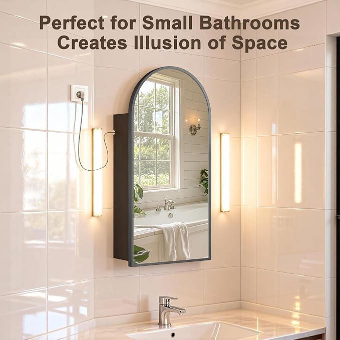 FKWin Black Mirror with Medicine Cabinet and Power Outlet, Easy to Install Bathroom Wall Cabinet for Left or Right Opening, not Recessed, Ample Mirror for Bathroom for Homeowner, Black, 20x34 inch