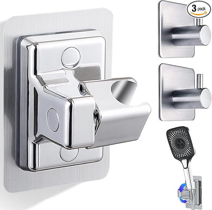 360° Adjustable Shower Head Holder, Handheld Shower Head Holder with Strong Adhesive, Waterproof, No Drill Wall Mount with Adhesive Hooks for Bathrooms, Heavy Duty Hooks for Walls
