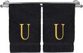 Monogrammed Hand Towel, Personalized Initial Gift, Extra Absorbent 100% Turkish Cotton - Soft Terry Finish - Set of 2 - Gold Block Initial U - Embroidered on Black Towels