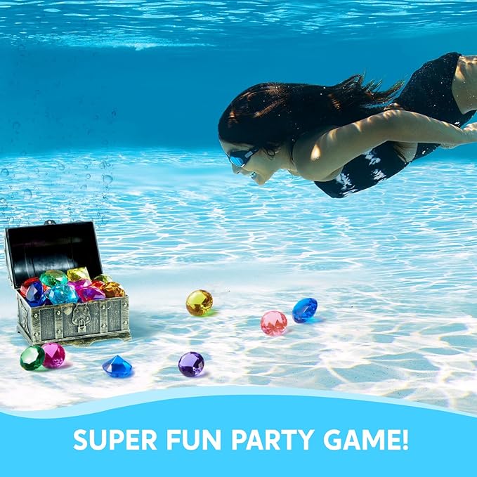 Sloosh Diving Gems Pool Toys, 16 Big Colorful Diamond with Pirate Treasure Chest,Swim Dive Toy for Kids Underwater Gemstone Swimming Training Gift Water Pool Games(Gold)