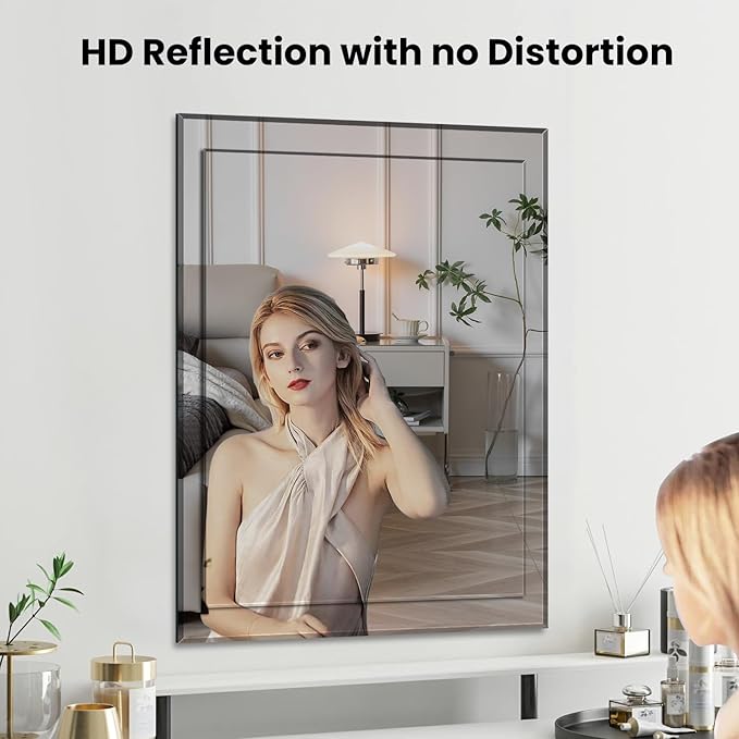 VASUHOME 22x32 Inch Frameless Double Layered Mirror with Polished Beveled Edge, HD Walll Vanity Mirror - Ideal for Bathroom, Living Room, Washroom, and Bedroom