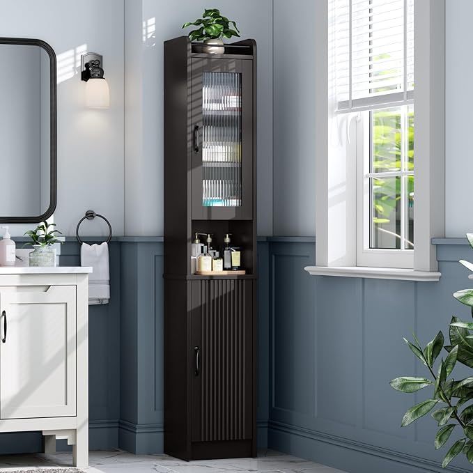 Tall Bathroom Storage Cabinet, Narrow Storage Cabinet with Adjustable Shelf Thin Linen Tower Two-Way Doors Contemporary Cabinet for Bathroom, Kitchen, Living Room, Espresso
