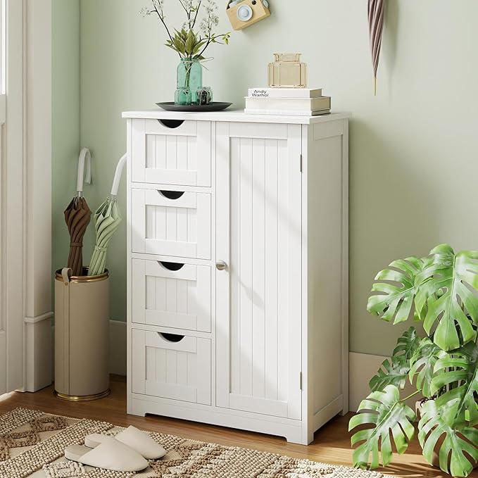 Tangkula Bathroom Floor Cabinet, Freestanding Storage Cabinet with 4 Drawers & Single Door, Adjustable Shelf, Multipurpose Bathroom Storage for Home Office, 21.5 x 12 x 32.5 Inches (White)