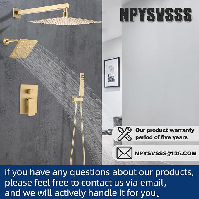 12" Shower Faucet Set Rain Shower System with 6" Wall Mounted Head Full Body Luxury Rain Shower System Rainfall Shower Head with Handheld Combo,3 Way Pressure Balance Valve Kit,Brushed Gold