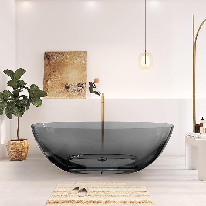71" Premium Solid Surface Freestanding Bathtubs, Upgraded Transparent Dark Grey Oval Resin Soaking Tub with Pop-up Drain