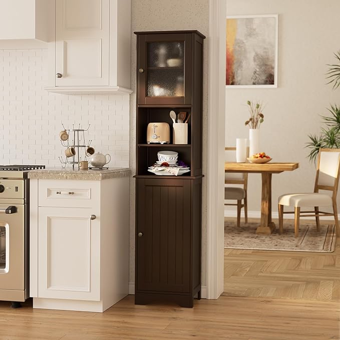 Gizoon Tall Bathroom Storage Tower, Freestanding Linen Cabinet with Two-Way Doors, Adjustable Shelves, Anti-Tip Floor Cabinet, for Home, Kitchen, Living Room, Dark Brown
