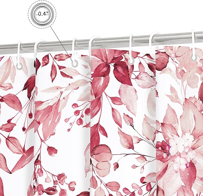 Gibelle Long Shower Curtain 72 x 78, Tall Pink Floral Shower Curtain for Bathroom, Watercolor Plant Eucalyptus Leaves Fabric Shower Curtain Set