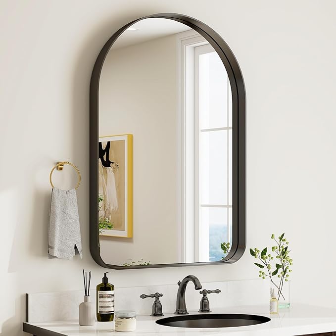 GLSLAND 20”x30“ Arched Bathroom Mirror - Black Aluminum Alloy Framed Wall Mirror, Arch Matted Vanity Mirror for Bedroom, Entryway Home Decor