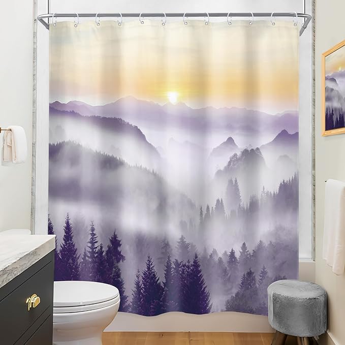 Riyidecor Misty Mountain Shower Curtain 60Wx72H Inch Purple Sunrise Nature Scenery Foggy Pine Tree Woodland Modern Rustic Natural Landscape Bathroom Decor Fabric Polyester Waterproof 12 Pack Hooks