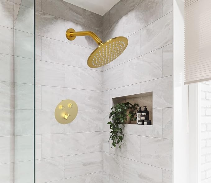 Aquaiaw Shower Arm and O-Ring Flange, 6 inch, Solid Brass, Brushed Gold, Round, Both Soldered 1/2 NPT Tapered Threads, Wall Mount Shower Arm Extension with Escutcheon, for Rain Shower Head Max. 10"