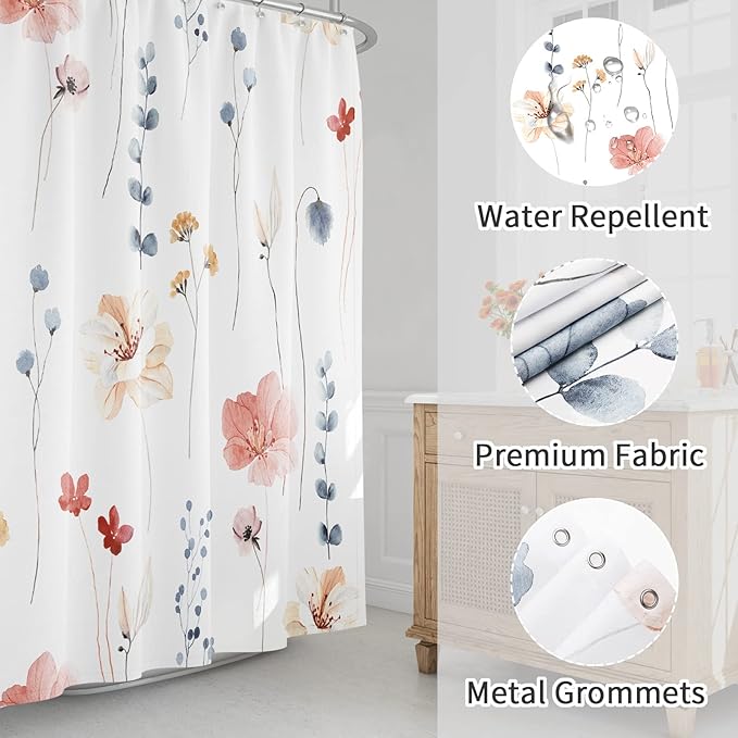 Gibelle Extra Long Shower Curtain 72 x 84, Watercolor Floral Fabric Shower Curtain, Coral Beige Flower Decorative Bathroom Shower Curtain Set