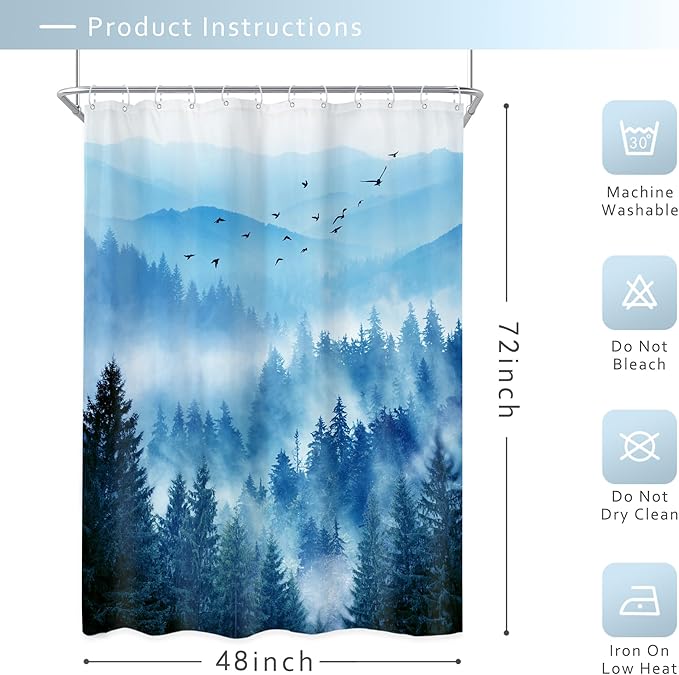 Riyidecor Navy Blue Shower Curtain 48Wx72H Inch,Stall Narrow Rv Small Nature Mountain Woods,Rustic Landscape Scenery Pine Tree Woodland Cool Bathroom Decor Fabric Polyester Waterproof 12 Pack Hooks