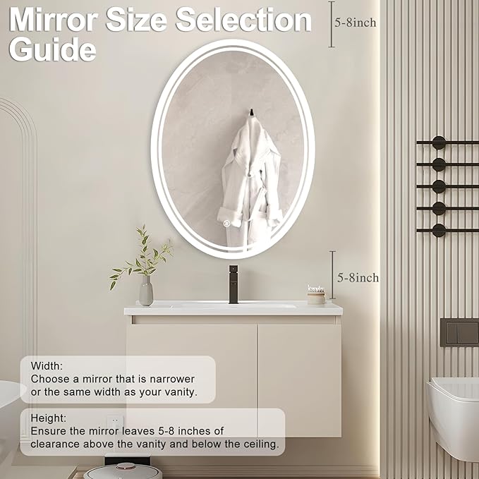 36 X 28 Inch Oval LED Bathroom Mirror Anti-Fog Wall Mounted Lighted Bathroom Vanity Mirror Smart Makeup Mirror 3 Colors Light Dimmable Touch Switch