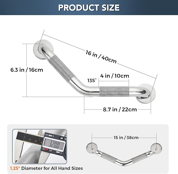 Grab Bars for Bathtubs and Showers- 1-1/4 x 16 Angled Shower Grab Bar for Seniors Knurled Stainless Steel Handicap Grab Bars for Wall (Polished Nickel, 2 Pack)