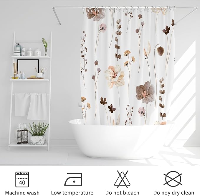 Gibelle Extra Long Shower Curtain 72 x 84, Watercolor Floral Fabric Shower Curtain, Brown Beige Flower Decorative Bathroom Shower Curtain Set