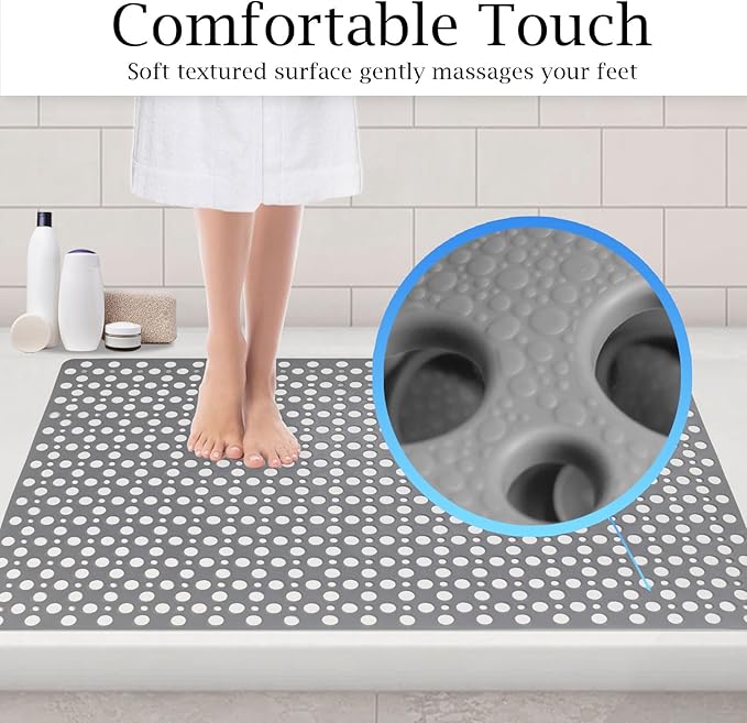 Non Slip Large Shower Mat 35.4"*23.6", TPE Bath Mats for Inside Outside Shower,Extra Large Bathtub Mat with Suction Cups and Big Drain Holes