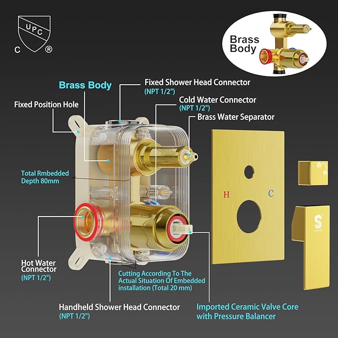 SR SUN RISE 12 Inch Brushed Gold Shower Faucet Set, Wall-Mount Adjustable 16-Inch Slide Bar with Square Hand Shower System Included Valve and Trim Kit