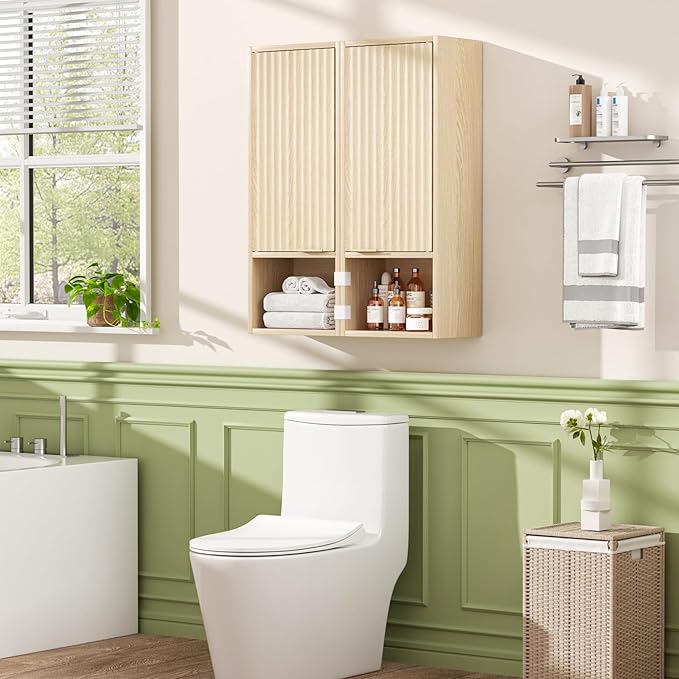 59.1" Tall Slim Bathroom Storage Cabinet Oak | Freestanding or Wall Mounted Modular Cabinet, Fluted Panel Linen Tower with Adjustable Shelves for Small Spaces