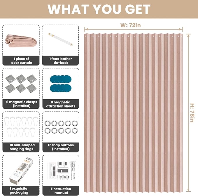 Accordian Door Curtain, 100% Blackout Folding Magnetic Doorway Curtains,Linen Style Closet Doors,for Room Divider,Privacy Protection（W72 x L78,Pink,1 Panel）