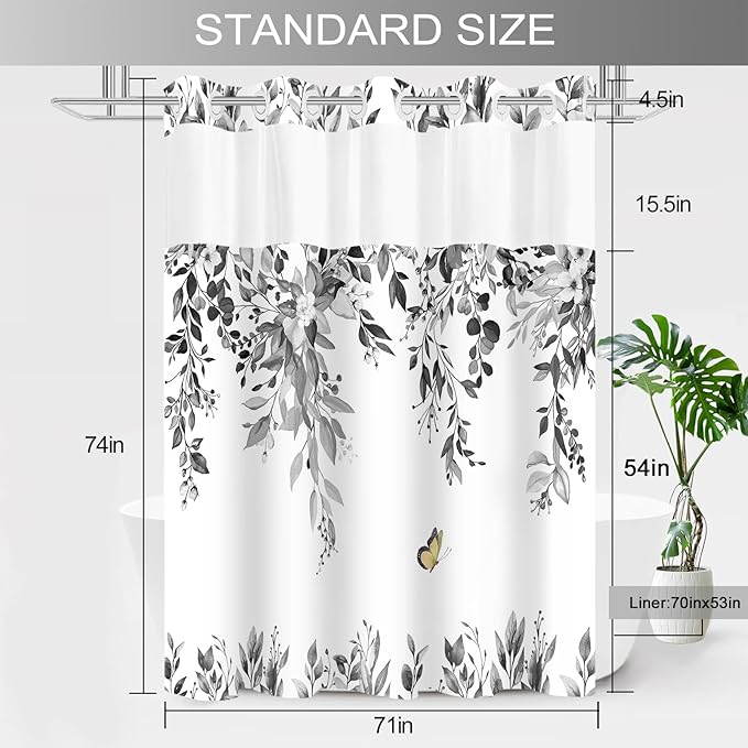 No Hook Shower Curtain and Liner Set, Grey Eucalyptus Floral Shower Curtains for Bathroom, Bath Curtain Sets with Snap in Liner, Waterproof with See Through Top Window, 71x74 Inches