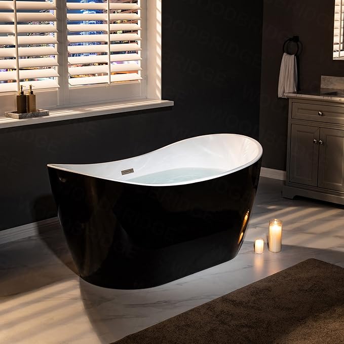 WOODBRIDGE 59" Acrylic Freestanding Bathtub Contemporary Soaking Tub, Black Acrylic(Brushed Nickel Drain/Overflow),BTA1816-BN