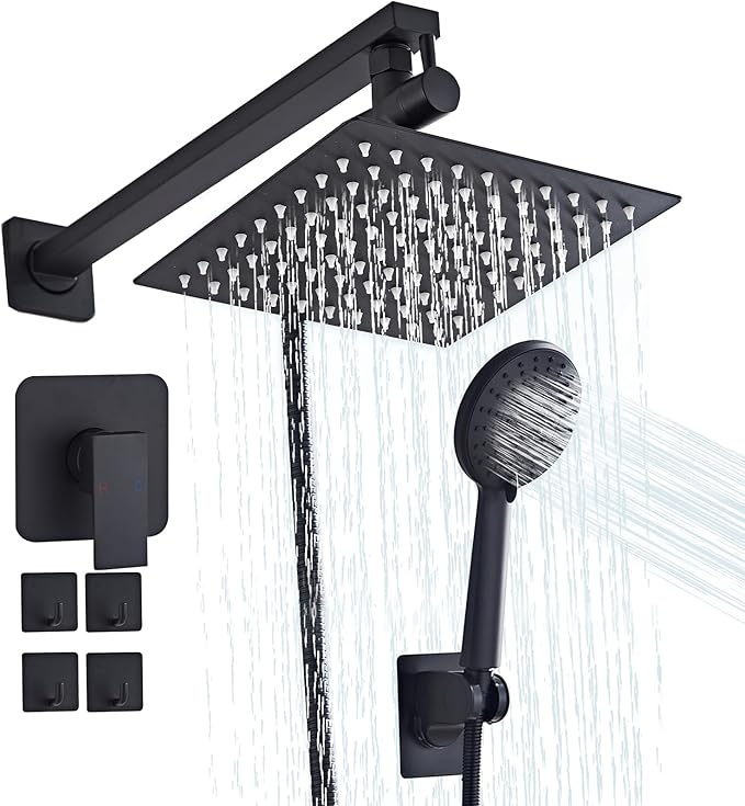 Shower Head 8'' High Pressure Rainfall, Handheld Shower Combo with 11'' Extension Arm, 5 Spray, Anti-leak Luxury Premium Quality, Rainfall Shower Head with Handheld Spray Combo, Matte Black