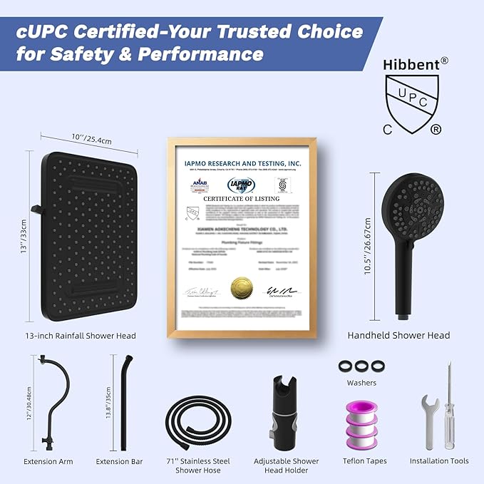 Hibbent Upgraded cUPC Certified 13'' Shower Head Combo, High Pressure 5 Spray Rainfall Showerhead with 10 Sprays Handheld, All Metal 3-way Diverter Shower Arm, 71'' Hose and Holder, Matte Black