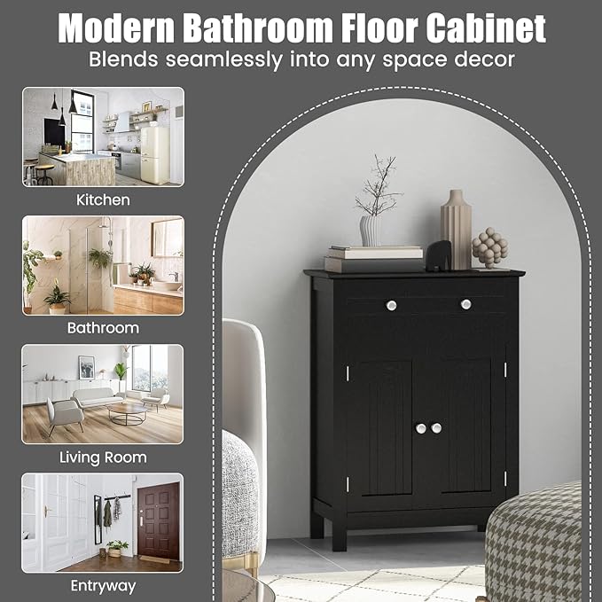 COSTWAY Bathroom Floor Cabinet, Wooden Side Storage Organizer w/Larger Drawer, Adjustable Shelf & 2-Door Cupboard, Freestanding Storage Cabinet for Living Room, Kitchen, Entryway (Black)