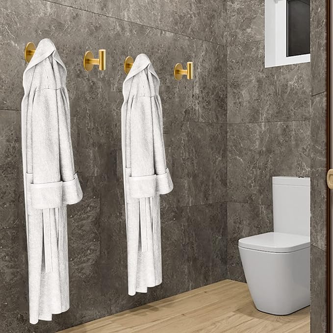 Vuzvuv Adhesive Brushed Gold Hooks, SUS304 Stainless Steel Self-Adhesive Towel Coat Robe Heavy Duty Waterproof Hook for Bathrooms Kitchen Hotel (4-Pack)