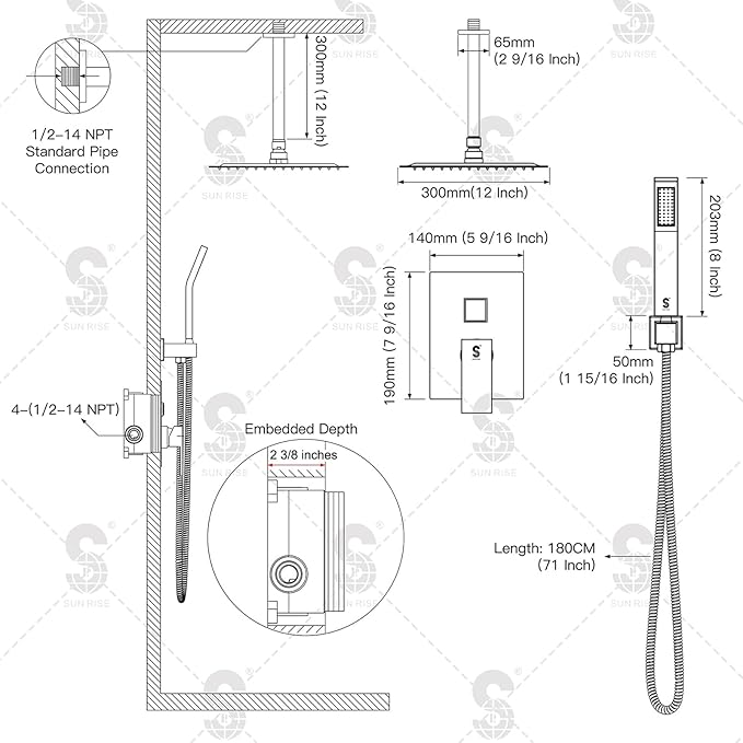 SR SUN RISE 12 Inch Oil Rubbed Bronze Shower System Brass Bathroom Luxury Rain Mixer Shower Combo Set Ceiling Mounted Rainfall Shower Head System Faucet Trim Repair Kits with Rough-In Valve and Trim
