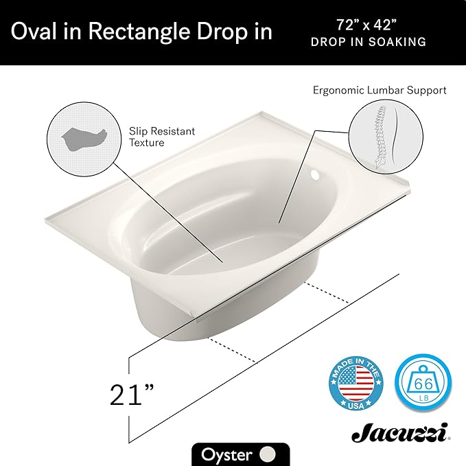 Jacuzzi SIGNATURE Acrylic Drop-In Bathtub, Soaking Sanctuary, Slip Resistant, Right Drain Placement, 72" (L) x 42" (W), Oval In Rectangle, 3-Tile Flange, Oyster