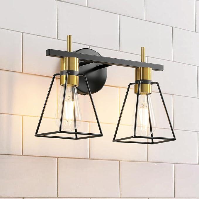 Industrial Bathroom Vanity Lights: 2 Lights Black and Gold Vintage Metal Cage Wall Sconces - Rustic Farmhouse Lightning Fixture Over Mirrors Cabinet for Home Hallway