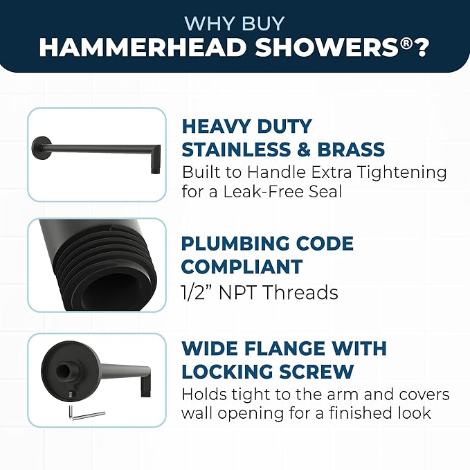 HammerHead Showers® Solid Metal 16 Inch Extended Shower Arm and Flange with Set Screw, Long Shower Arm, Extends Rain Shower Overhead, Wall-Mounted Rain Shower Arm, Matte Black